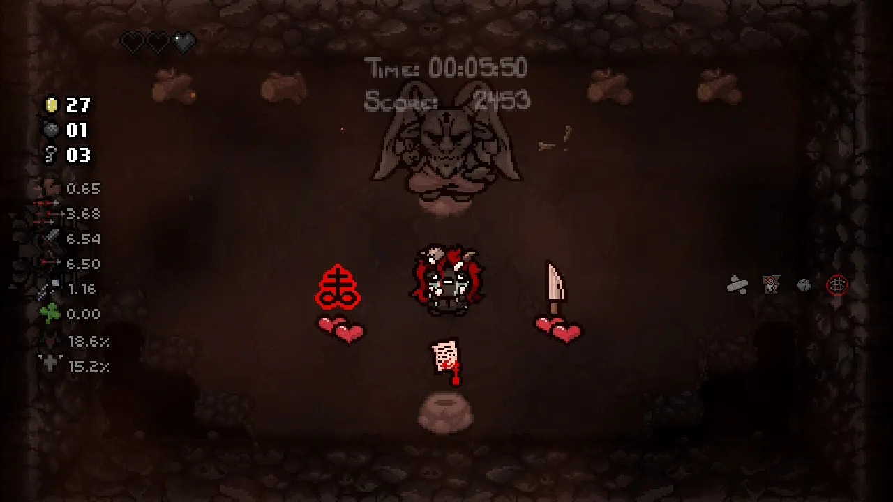 A Devil Room offers Brimstone on the left and Mom's Knife on the right, each above heart-price symbols.