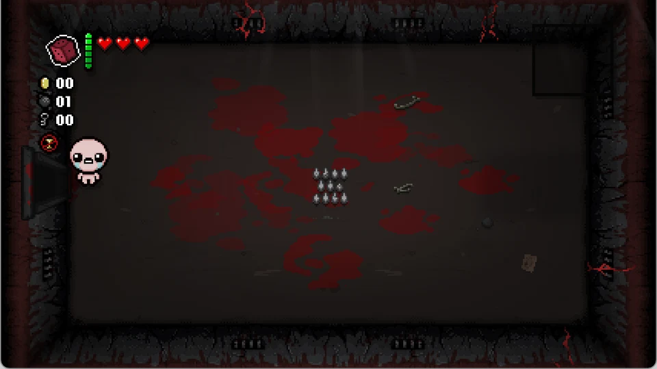 Isaac by the left doorway of a real Sacrifice Room, with spikes in the center.