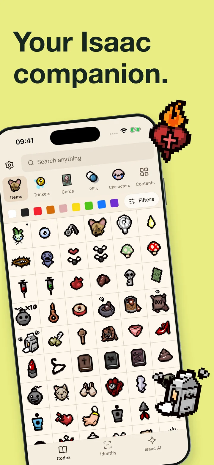 Isaac Codex item grid with category and color filters, in English