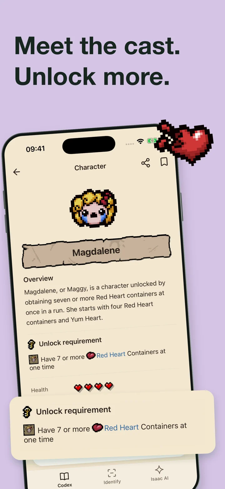 Isaac Codex App Store artwork showing a character entry